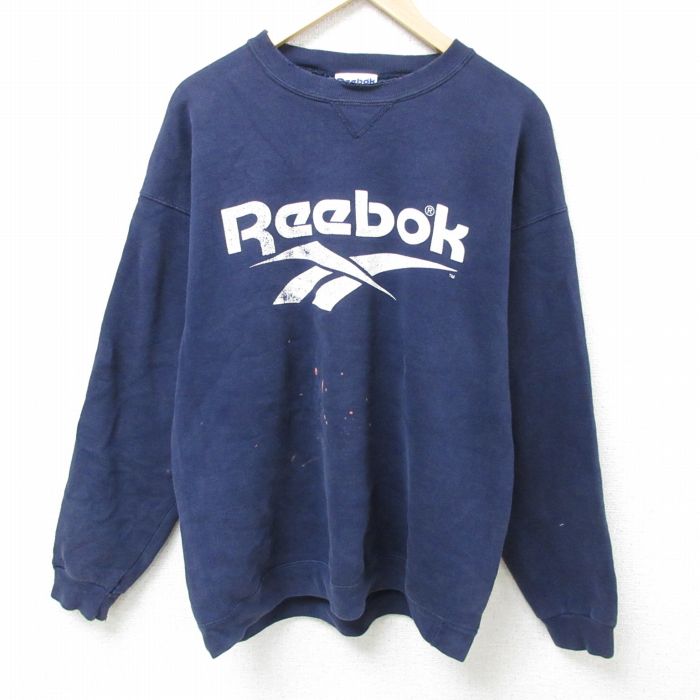 XL★古着 リーボック REEBOK 長袖 スウェット メンズ 90年代 90s ビッグロゴ ボロ クルーネック 紺 ネイビー 25feb22 中古 スエット トレーナー トップス