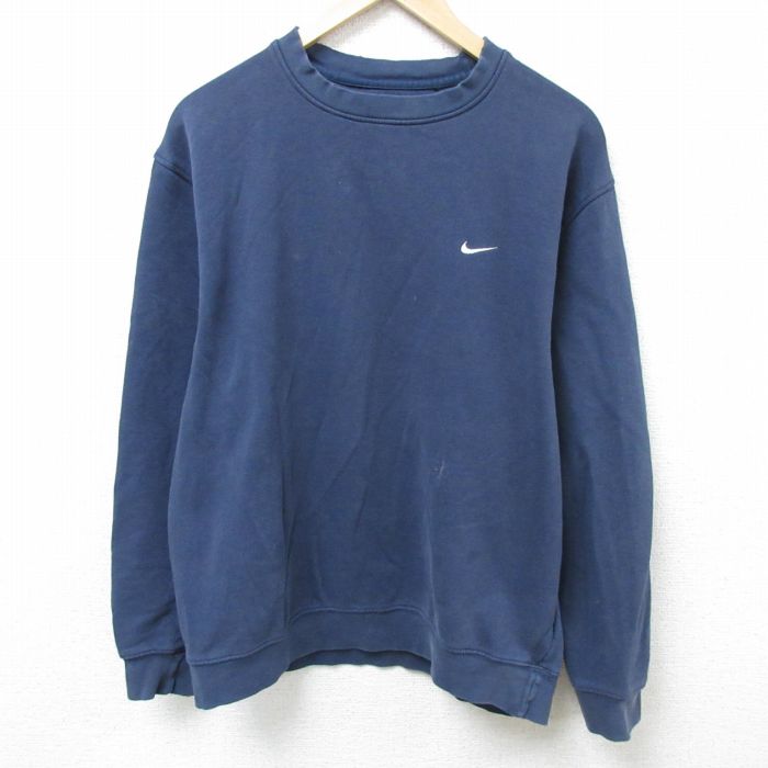 L★古着 ナイキ NIKE 長袖 スウェット メンズ 00年代 00s ワンポイントロゴ クルーネック 紺 ネイビー 25feb22 中古 スエット トレーナー トップス