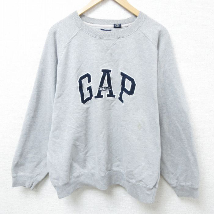 XL★古着 ギャップ GAP 長袖 スウェット メンズ 00年代 00s ビッグロゴ 刺繍 ラグラン クルーネック グレー 霜降り 25feb22 中古 スエット トレーナー トップス