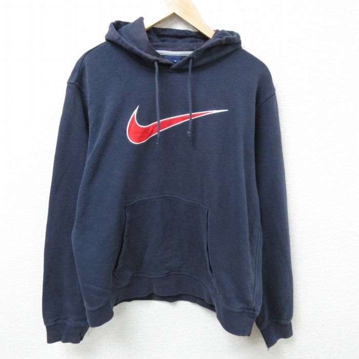 XL★古着 ナイキ NIKE 長袖 スウェット パーカー メンズ 00年代 00s ビッグロゴ 刺繍 紺 ネイビー 25feb22 中古 スエット トレーナー トップス