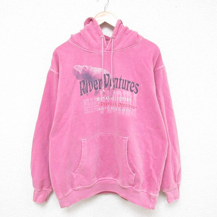 L★古着 長袖 スウェット パーカー メンズ 90年代 90s マナティー コットン USA製 ピンク 25feb25 中古 スエット トレーナー トップス