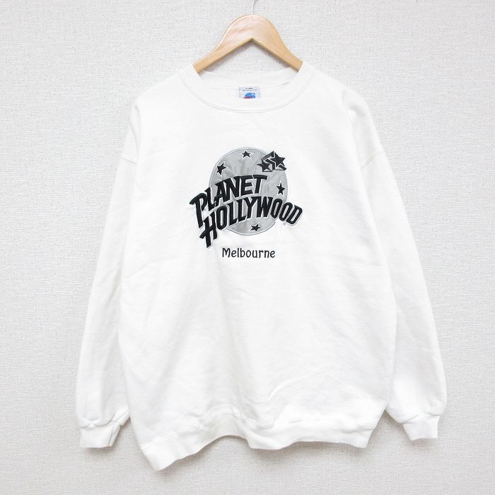 XL★古着 長袖 スウェット メンズ 00年代 00s プラネットハリウッド 刺繍 クルーネック 白 ホワイト 25feb25 中古 スエット トレーナー トップス