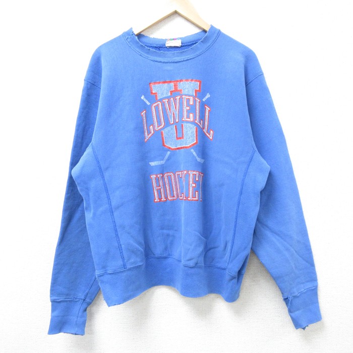 L★古着 長袖 スウェット メンズ 00年代 00s LOWELL HOCKEY ボロ クルーネック 水色 25feb25 中古 スエット トレーナー トップス