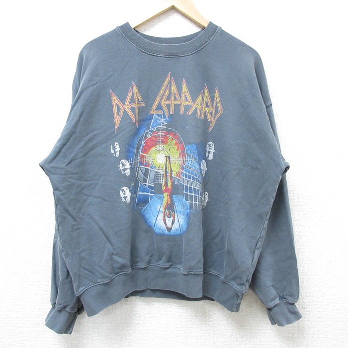 L★古着 長袖 ロック バンド スウェット メンズ デフレパード コットン クルーネック 濃グレー 25feb25 中古 スエット トレーナー トップス
