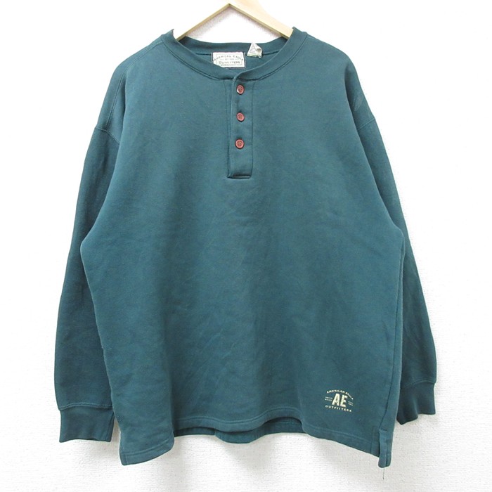 L★古着 アメリカンイーグル American Eagle 長袖 スウェット メンズ 00年代 00s ワンポイントロゴ ヘンリーネック 緑 グリーン 25feb25 中古 スエット トレーナー トップス