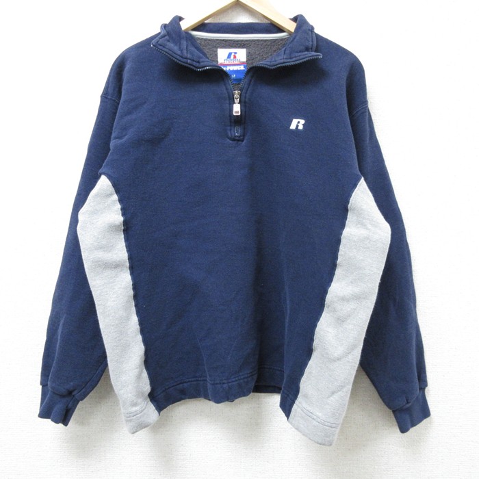 M★古着 ラッセル 長袖 ハーフジップ スウェット メンズ ワンポイントロゴ ツートンカラー 紺他 ネイビー 25feb25 中古 スエット トレーナー トップス