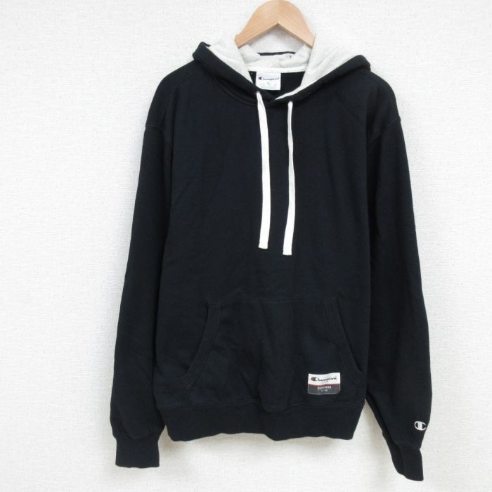 【50%OFF】XL★古着 チャンピオン Champion 長袖 スウェット パーカー メンズ 無地 大きいサイズ 黒 ブラック 25feb26 中古 スエット トレーナー トップス