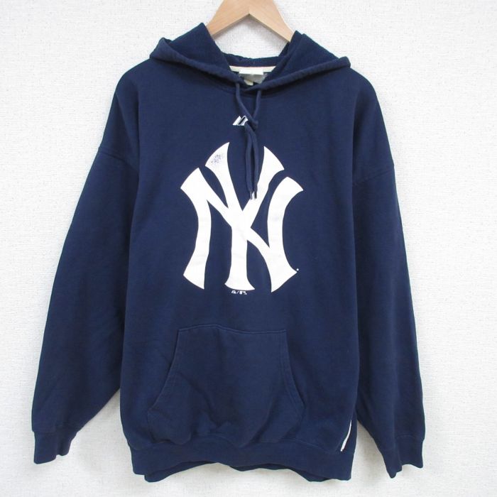 XL★古着 マジェスティック 長袖 スウェット パーカー メンズ 00年代 00s MLB ニューヨークヤンキース 大きいサイズ 紺 ネイビー メジャーリーグ ベースボール 野球 25feb26 中古 スエット トレーナー トップス