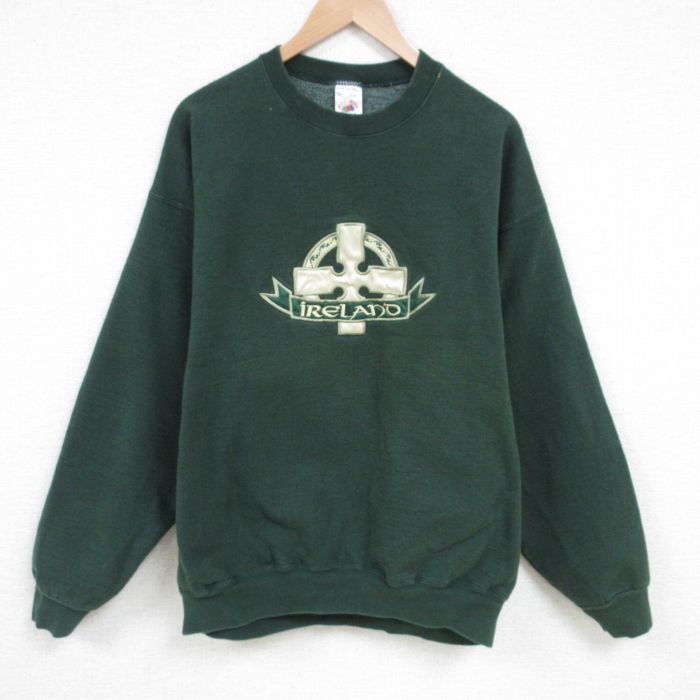 XL★古着 フルーツオブザルーム 長袖 スウェット メンズ 90年代 90s アイルランド 刺? 大きいサイズ クルーネック USA製 緑 グリーン 25feb26 中古 スエット トレーナー トップス