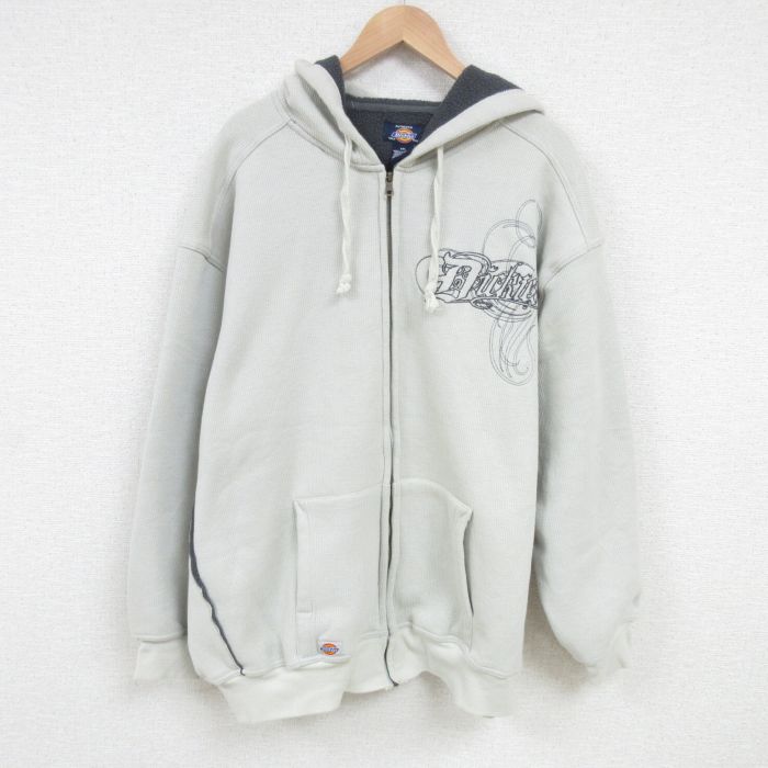 XL★古着 ディッキーズ Dickies 長袖 フルジップ スウェット パーカー メンズ ビッグロゴ 大きいサイズ サーマル地 薄グレー 25feb26 中古 スエット トレーナー トップス