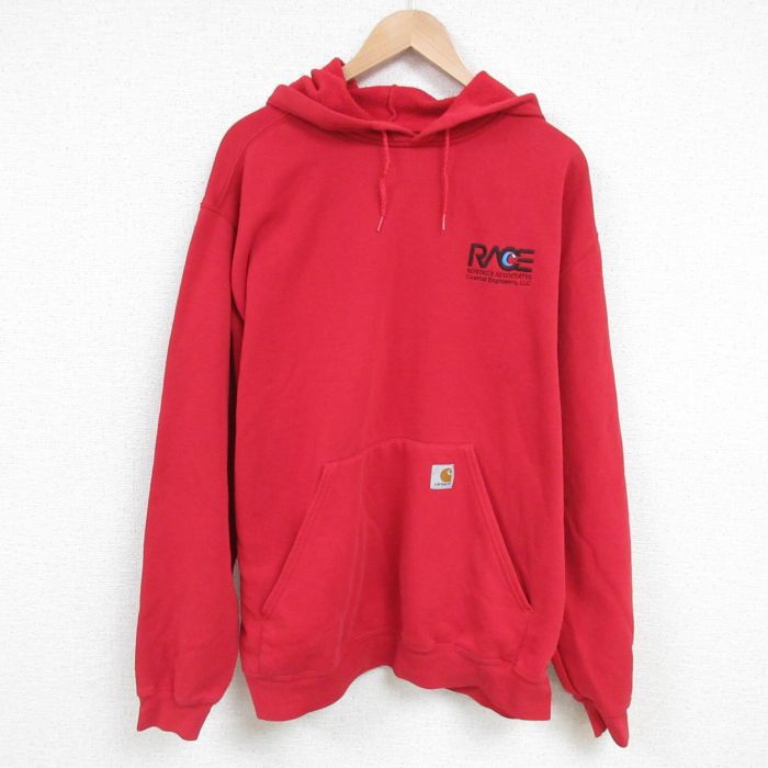 XL★古着 カーハート Carhartt 長袖 スウェット パーカー メンズ RACE 大きいサイズ 赤 レッド 25feb26 中古 スエット トレーナー トップス