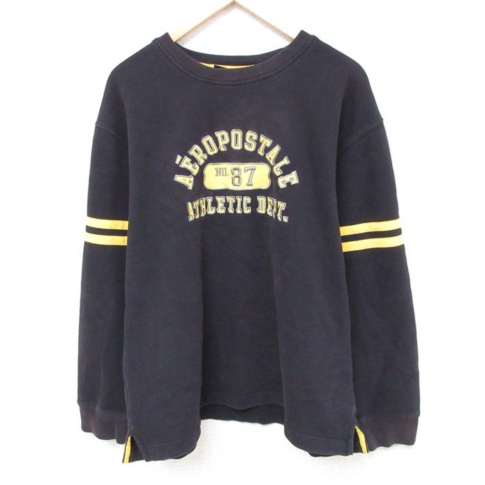 XL★古着 エアロポステール AEROPOSTALE 長袖 スウェット メンズ 00年代 00s ビッグロゴ 刺繍 クルーネック 黒 ブラック 25feb27 中古 スエット トレーナー トップス