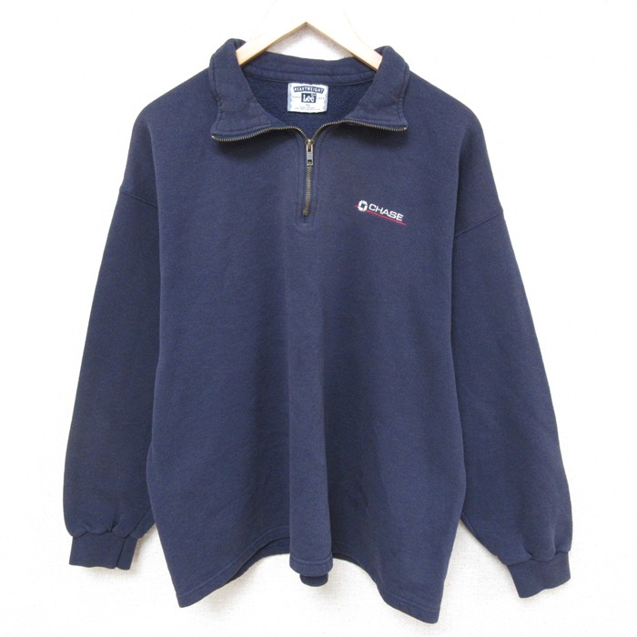 【50%OFF】XL★古着 リー Lee 長袖 ハーフジップ スウェット メンズ 90年代 90s CHASE 銀行 襟付き USA製 紺 ネイビー 25feb27 中古 スエット トレーナー トップス