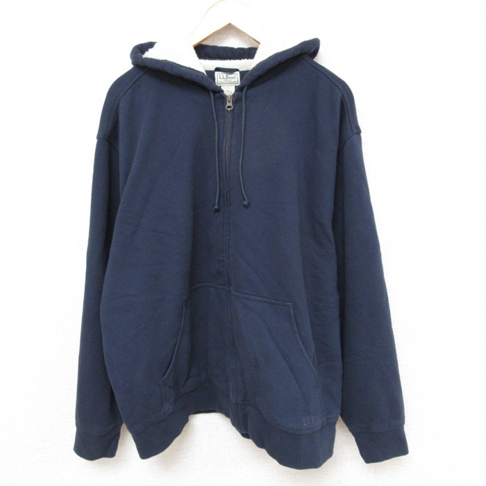 XL★古着 エルエルビーン LLBEAN 長袖 フルジップ スウェット パーカー メンズ 00年代 00s ワンポイントロゴ 大きいサイズ クルーネック 紺 ネイビー 内側ボア 【spe】 25feb27 中古 スエット トレーナー トップス