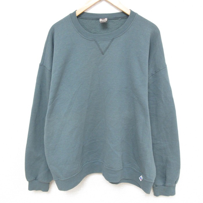 XL★古着 ラッセル 長袖 スウェット メンズ 00年代 00s 無地 大きいサイズ クルーネック 緑 グリーン 25feb27 中古 スエット トレーナー トップス