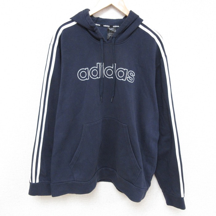 XL★古着 アディダス adidas 長袖 スウェット パーカー メンズ ビッグロゴ 大きいサイズ クルーネック 紺 ネイビー 3本ライン 25feb27 中古 スエット トレーナー トップス