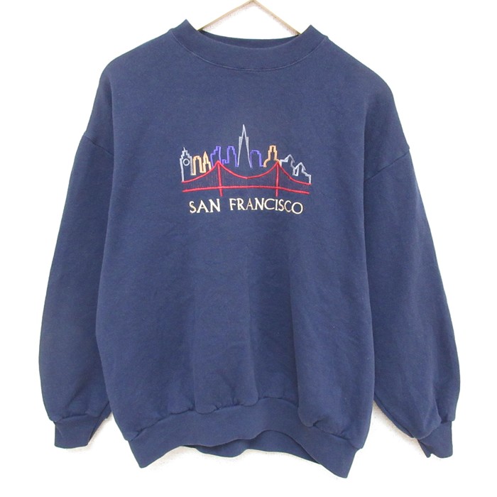 【50%OFF】L★古着 TULTEX 長袖 スウェット メンズ 90年代 90s サンフランシスコ 刺繍 クルーネック 紺 ネイビー 25feb27 中古 スエット トレーナー トップス