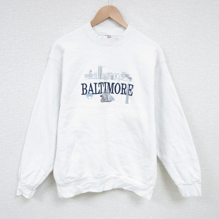 【50%OFF】L★古着 フルーツオブザルーム 長袖 スウェット メンズ 90年代 90s ボルチモア 刺繍 クルーネック USA製 白 ホワイト 25feb27 中古 スエット トレーナー トップス