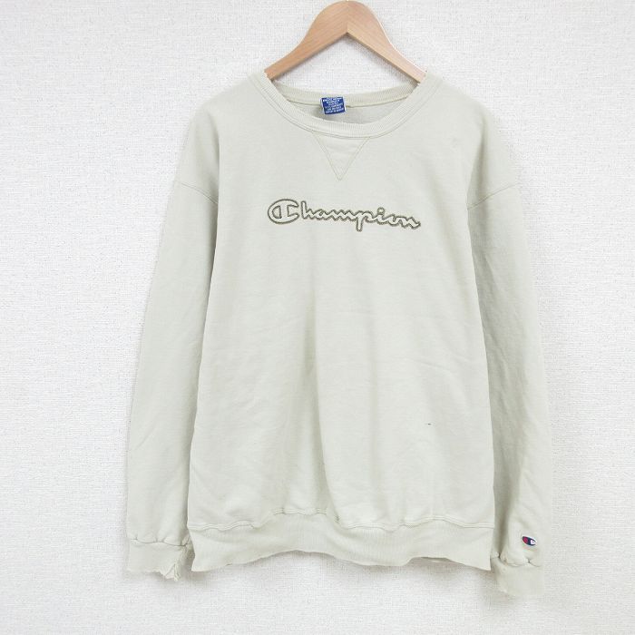 【50%OFF】XL★古着 チャンピオン Champion 長袖 スウェット メンズ 90年代 90s ビッグロゴ 刺繍 大きいサイズ クルーネック ベージュ カーキ 25feb27 中古 スエット トレーナー トップス