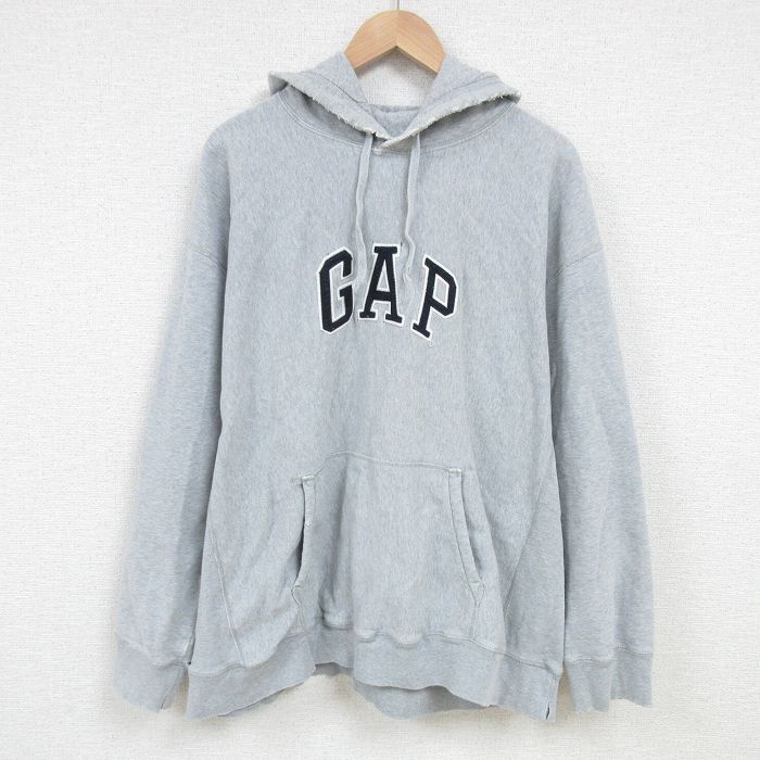 XL★古着 ギャップ GAP 長袖 スウェット パーカー メンズ 00年代 00s ビッグロゴ 刺繍 ボロ 大きいサイズ グレー 霜降り 25feb27 中古 スエット トレーナー トップス