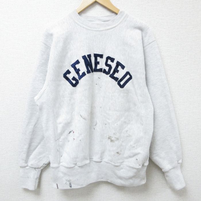 L★古着 長袖 スウェット メンズ 90年代 90s GENESEO 刺繍 クルーネック USA製 薄グレー 霜降り 25feb27 中古 スエット トレーナー トップス