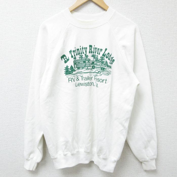 L★古着 ヘインズ Hanes 長袖 スウェット メンズ 80年代 80s 車 クルーネック USA製 白 ホワイト 25feb27 中古 スエット トレーナー トップス