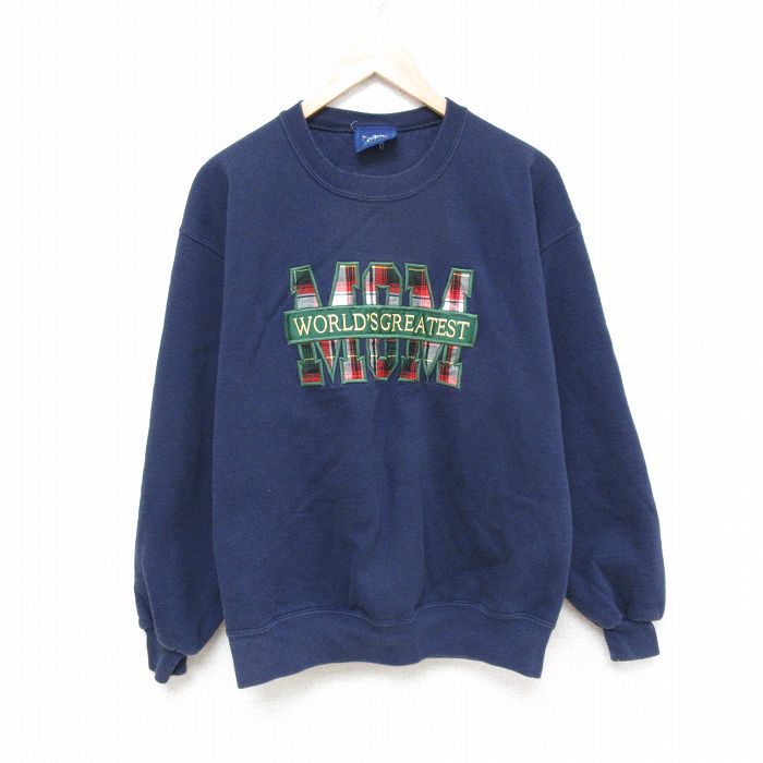 【20%OFF】M★古着 長袖 スウェット メンズ 90年代 90s MOM 刺繍 クルーネック USA製 紺 ネイビー 25feb28 中古 スエット トレーナー トップス