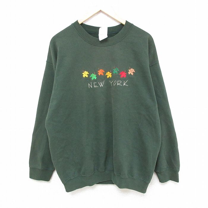 L★古着 長袖 スウェット メンズ 00年代 00s 葉 ニューヨーク 刺繍 クルーネック 緑 グリーン 25feb28 中古 スエット トレーナー トップス