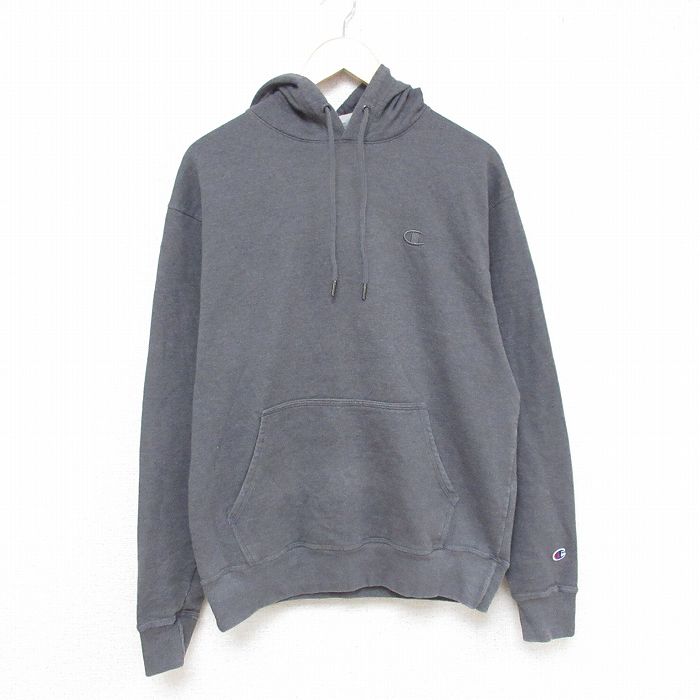 【20%OFF】L★古着 チャンピオン Champion 長袖 スウェット パーカー メンズ ワンポイントロゴ グレー 霜降り 25feb28 中古 スエット トレーナー トップス