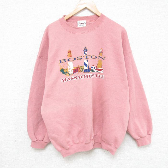 XL★古着 長袖 スウェット メンズ 90年代 90s ボストン 大きいサイズ クルーネック USA製 ピンク 25feb28 中古 スエット トレーナー トップス