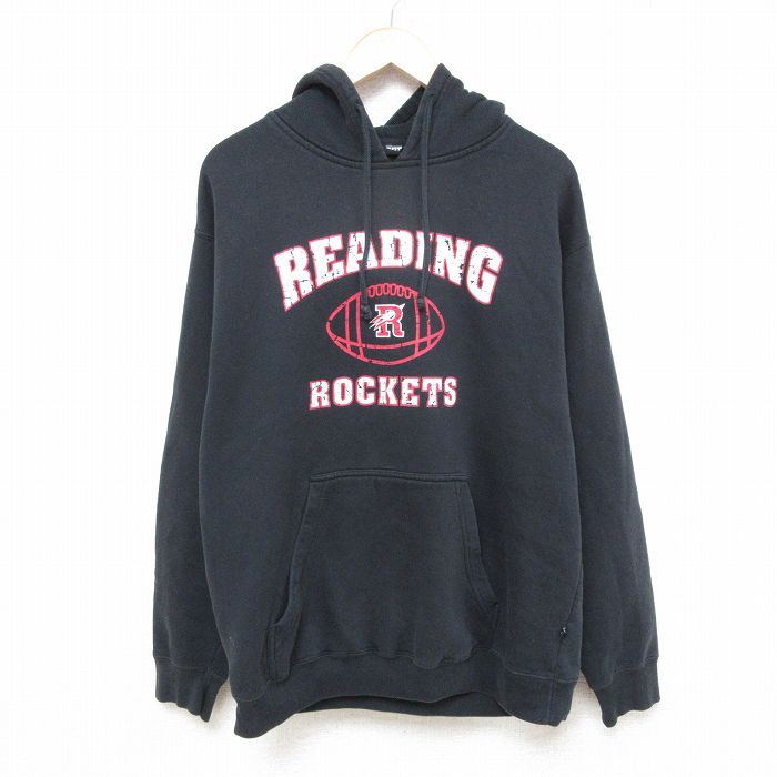 【50%OFF】XL★古着 長袖 スウェット パーカー メンズ READING ROCKETS 黒 ブラック 25feb28 中古 スエット トレーナー トップス
