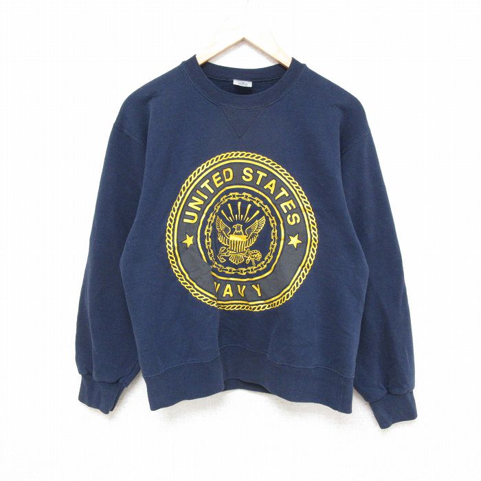 M★古着 長袖 スウェット メンズ 90年代 90s ミリタリー ネイビー NAVY リフレクター クルーネック USA製 紺 25feb28 中古 スエット トレーナー トップス
