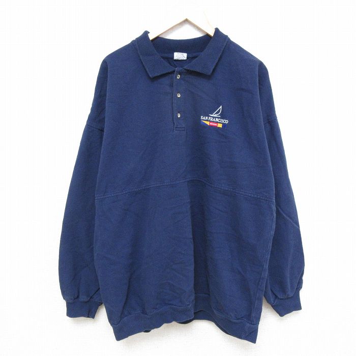 XL★古着 Crazy Shirts 長袖 トップス メンズ 90年代 90s サンフランシスコ 大きいサイズ コットン 襟付き USA製 紺 ネイビー 25feb28 中古 スエット トレーナー