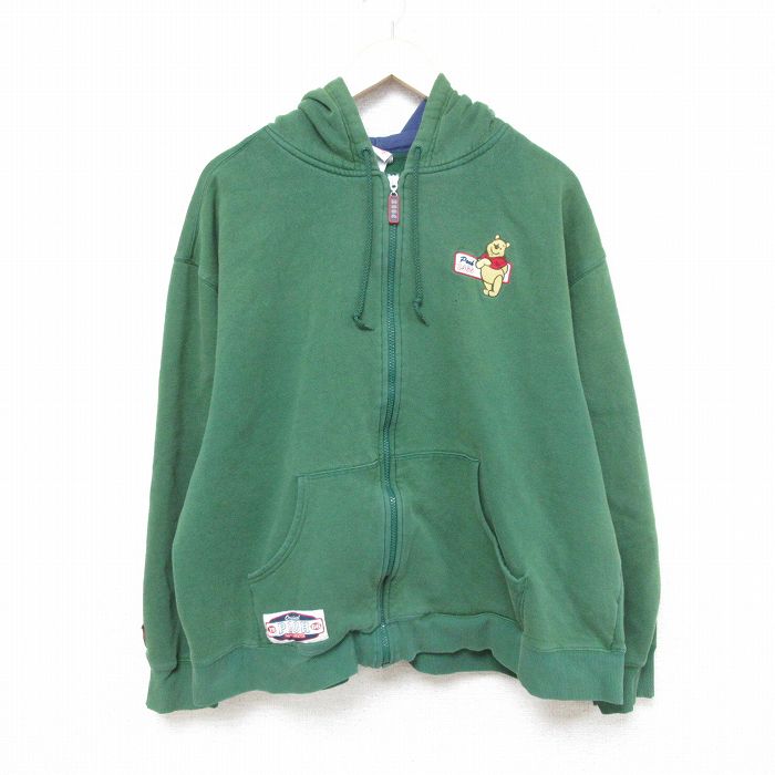 XL★古着 長袖 フルジップ スウェット パーカー メンズ 00年代 00s ディズニー DISNEY くまのプーさん 大きいサイズ 緑 グリーン 25feb28 中古 スエット トレーナー トップス