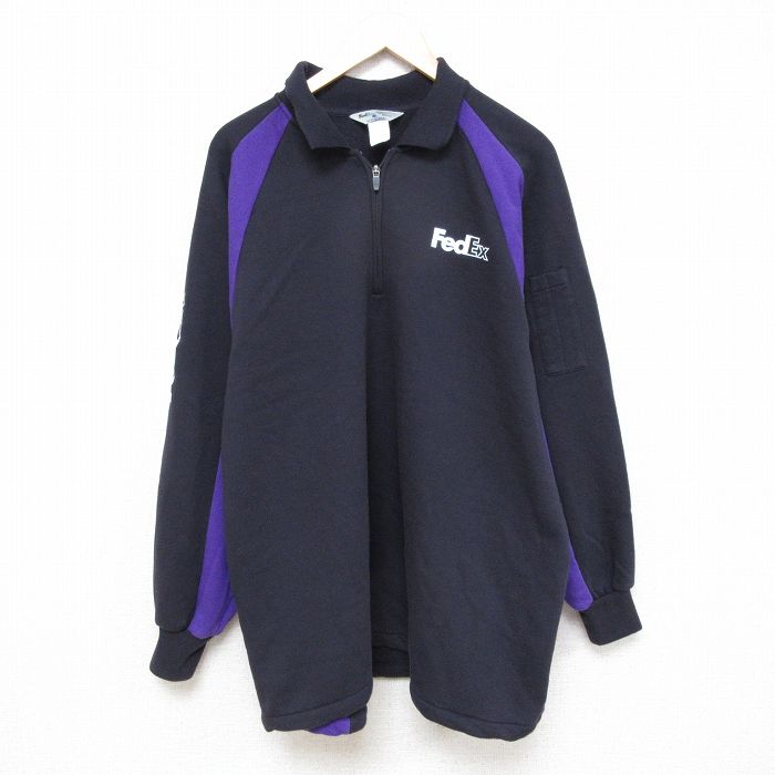 【20%OFF】XL★古着 長袖 ハーフジップ スウェット メンズ FedEx ツートンカラー 大きいサイズ ラグラン 襟付き 黒他 ブラック 【spe】 25feb28 中古 スエット トレーナー トップス