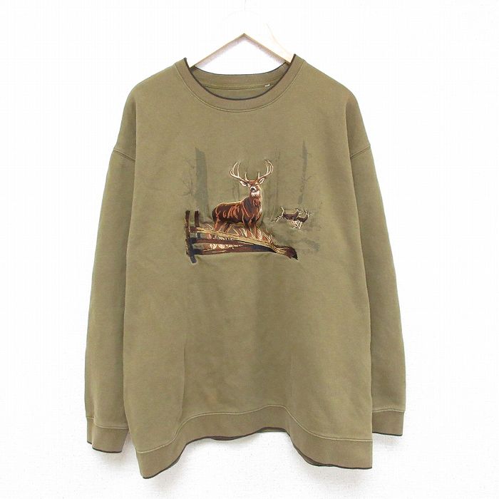 XL★古着 長袖 スウェット メンズ シカ 刺繍 大きいサイズ クルーネック 緑 グリーン 25feb28 中古 スエット トレーナー トップス