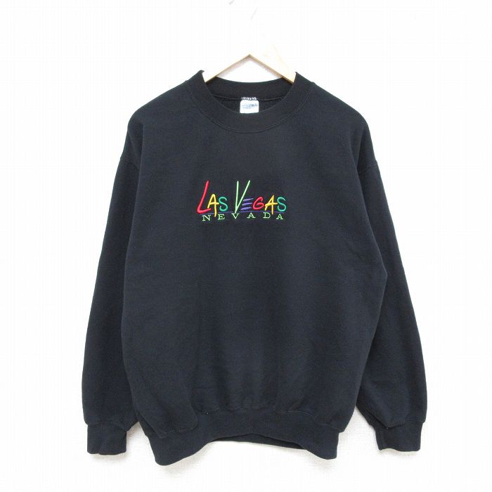 L★古着 長袖 スウェット メンズ 00年代 00s ラスベガス 刺繍 クルーネック 黒 ブラック 25feb28 中古 スエット トレーナー トップス