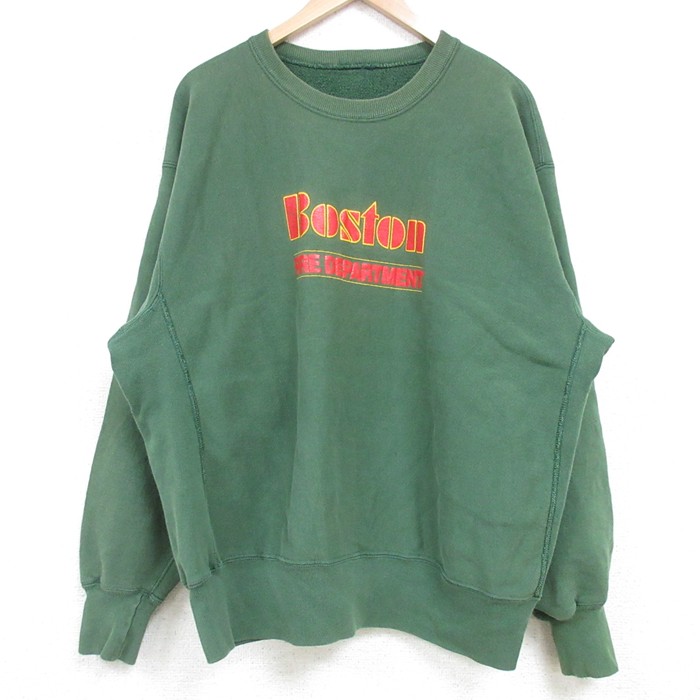 【50%OFF】XL★古着 長袖 スウェット メンズ ボストン 大きいサイズ クルーネック 緑 グリーン 25feb28 中古 スエット トレーナー トップス