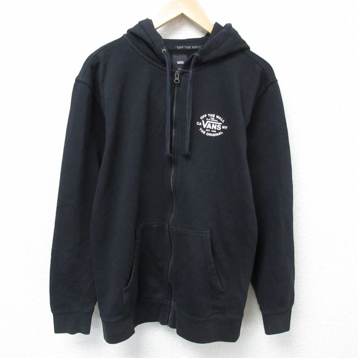 M★古着 バンズ VANS 長袖 フルジップ スウェット パーカー メンズ ワンポイントロゴ クルーネック 黒 ブラック 25mar01 中古 スエット トレーナー トップス