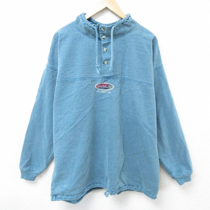 XL★古着 長袖 トップス メンズ 90年代 90s カリフォルニア 大きいサイズ コットン モックネック ハイネック USA製 紺 ネイビー デニム 25mar01 中古 スエット トレーナー