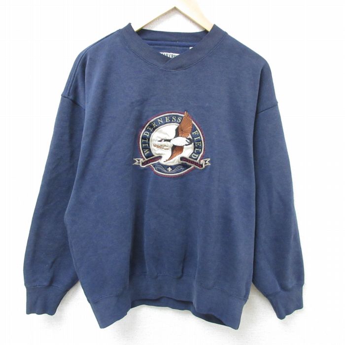 【50%OFF】L★古着 長袖 スウェット メンズ 00年代 00s 鳥 刺繍 ヘンリーネック 紺 ネイビー 25mar01 中古 スエット トレーナー トップス