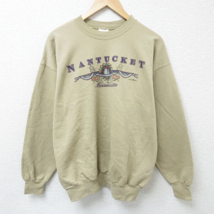 L★古着 ヘインズ Hanes 長袖 スウェット メンズ 90年代 90s マサチューセッツ クルーネック ベージュ カーキ 25mar01 中古 スエット トレーナー トップス