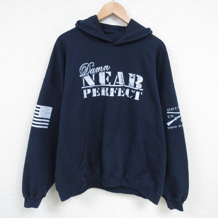 XL★古着 長袖 スウェット パーカー メンズ Damn Near Perfect 大きいサイズ 紺 ネイビー 25mar01 中古 スエット トレーナー トップス