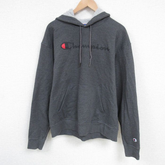 XL★古着 チャンピオン Champion 長袖 スウェット パーカー メンズ ビッグロゴ 濃グレー 霜降り 25mar01 中古 スエット トレーナー トップス