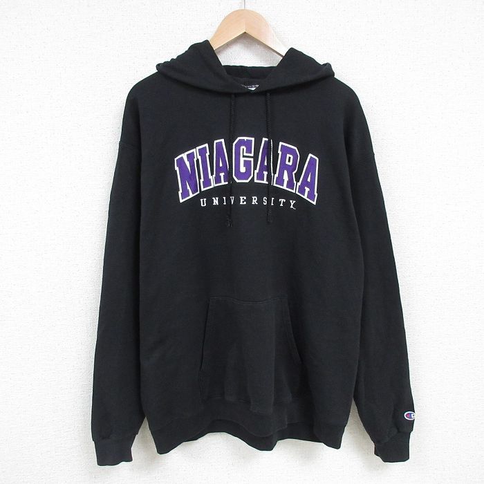 【50%OFF】XL★古着 チャンピオン Champion 長袖 スウェット パーカー メンズ ナイアガラ 大学 刺繍 黒 ブラック 25mar01 中古 スエット トレーナー トップス