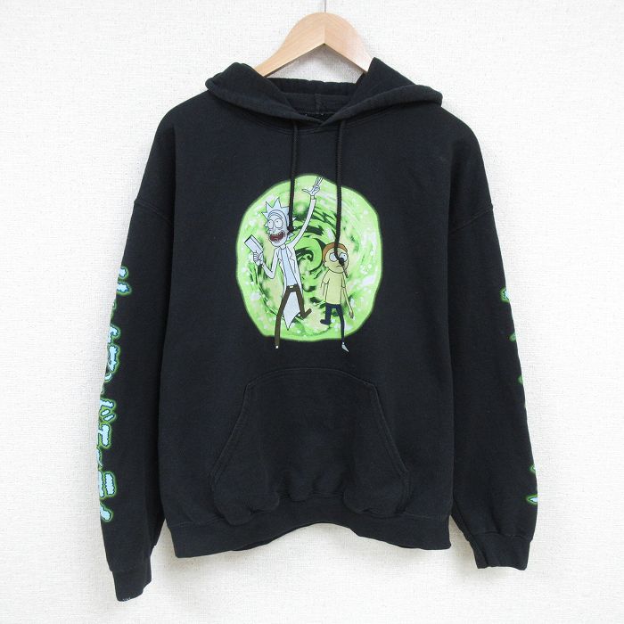 L★古着 長袖 スウェット パーカー メンズ アニメ リックアンドモーティ 黒 ブラック 25mar01 中古 スエット トレーナー トップス