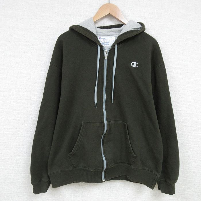XL★古着 チャンピオン Champion 長袖 フルジップ スウェット パーカー メンズ ワンポイントロゴ 大きいサイズ クルーネック 濃緑 グリーン 25mar01 中古 スエット トレーナー トップス