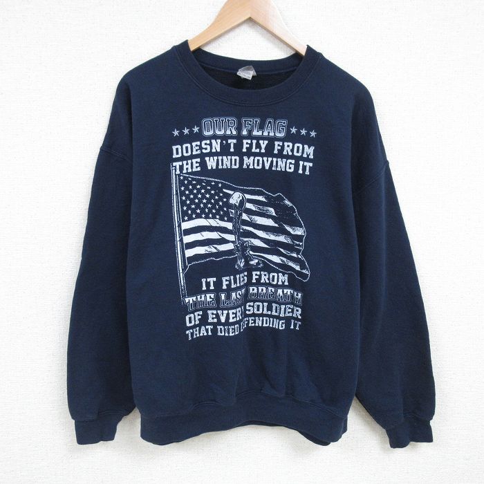 【50%OFF】XL★古着 長袖 スウェット メンズ 星条旗 クルーネック 紺 ネイビー 25mar01 中古 スエット トレーナー トップス