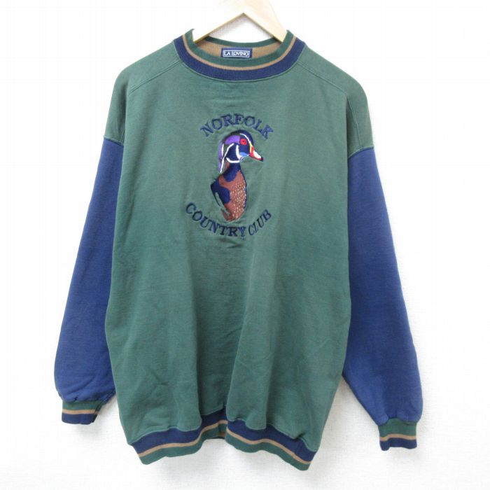 L★古着 長袖 スウェット メンズ 00年代 00s 鳥 ツートンカラー ヒジ当て 刺繍 クルーネック 緑 グリーン 【spe】 25mar01 中古 スエット トレーナー トップス