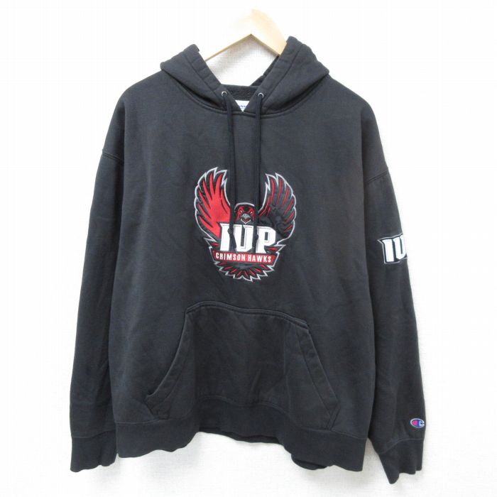 【50%OFF】XL★古着 チャンピオン Champion 長袖 スウェット パーカー メンズ 00年代 00s IUP 鳥 刺繍 大きいサイズ アクリル 黒 ブラック 25mar01 中古 スエット トレーナー トップス